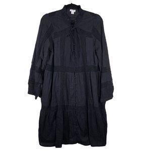 Sundance Clarabelle Black Dress Lace Eyelet Puff Sleeve Knee Length Size Medium